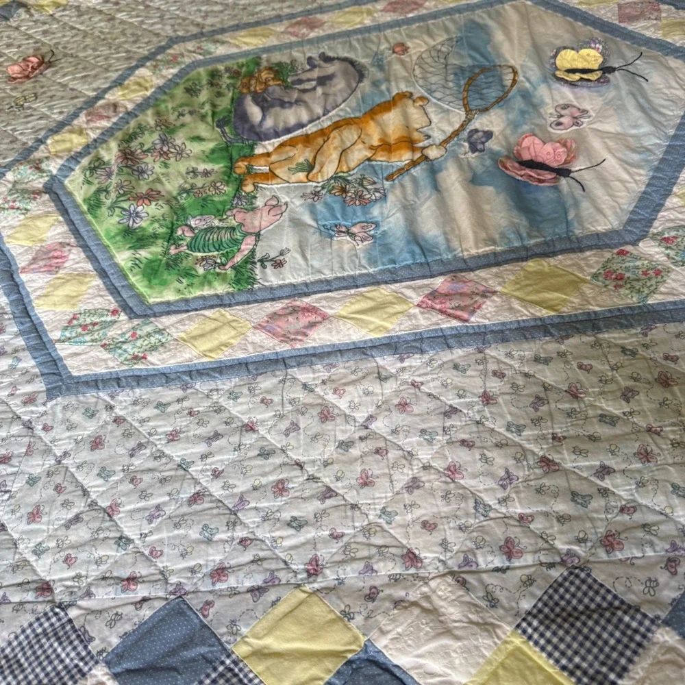 Vintage Classic Winnie the Pooh Twin Quilt Blanket Embroidered Butterfly